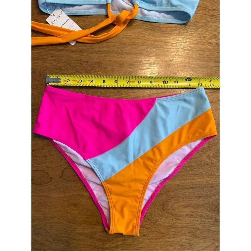 NWT Rosvigor Women's High Waisted Colorblock Bikini Set Pink Orange Blue Medium - Picture 6 of 6
